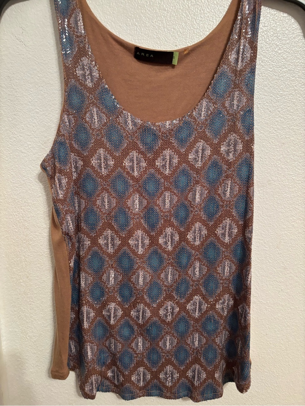 AREA Sleeveless Sequin Patterned Tank Top in Brown and Blue S